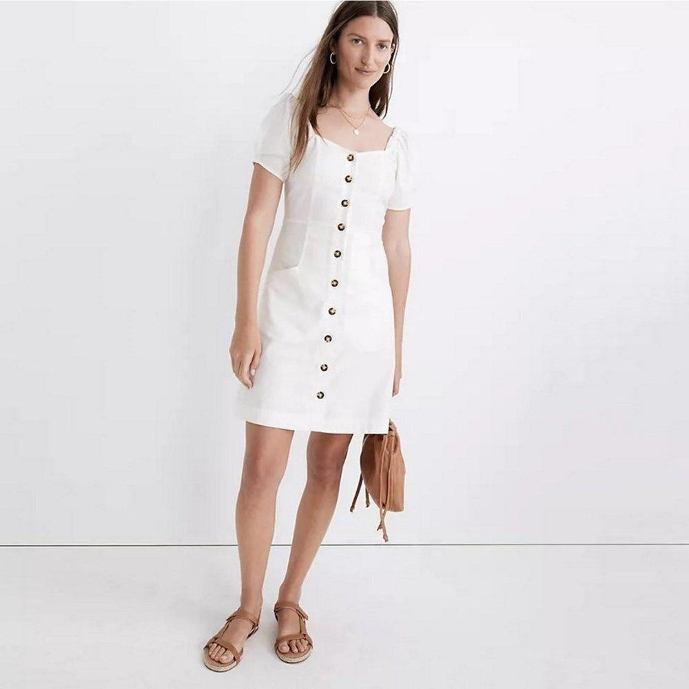 NWT New $118 Madewell Off-White Linen-Cotton Puff-Sleeve Mini Dress Size 8